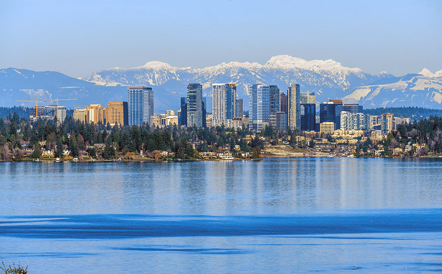 view of the bellevue washington skyline and lake washington on a sunny day