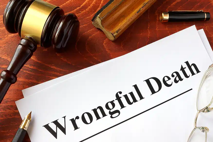 Wrongful Death written at the top of a page with a gavel resting nearby.