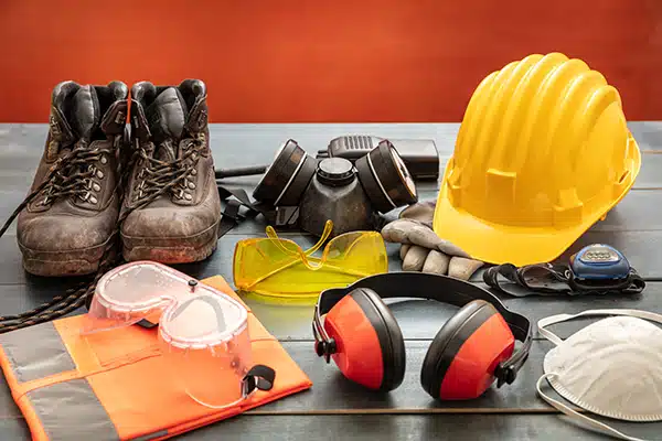 Construction personal protective equipment in a pile.
