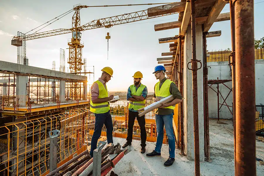 Three men stand discuss work in a construction site.