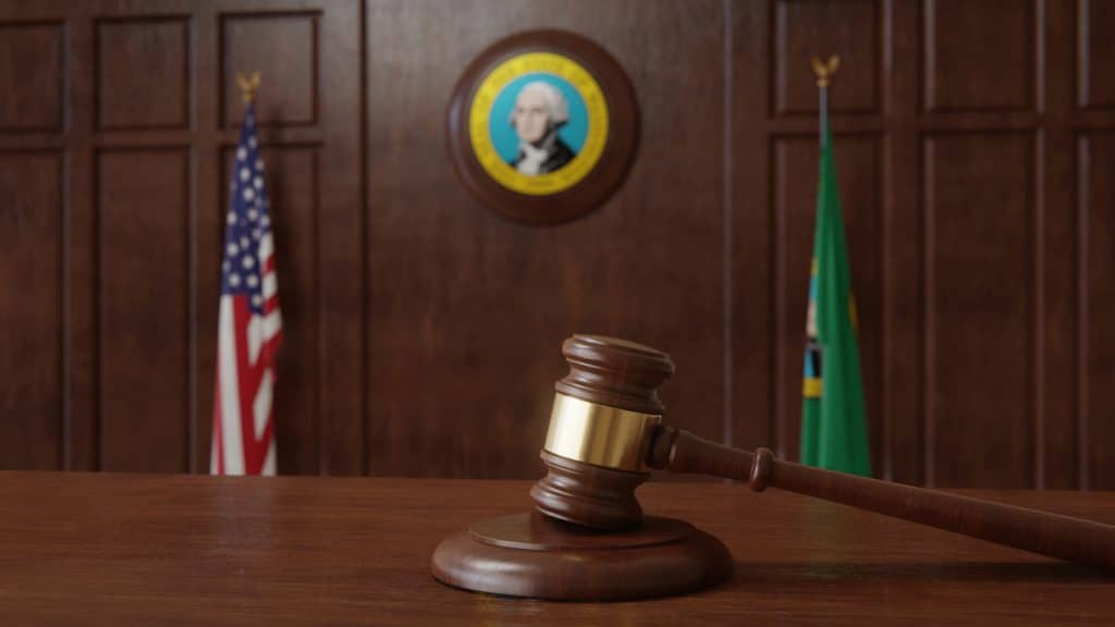 Washington State Courtroom with gavel and flag, Silenced No More Act