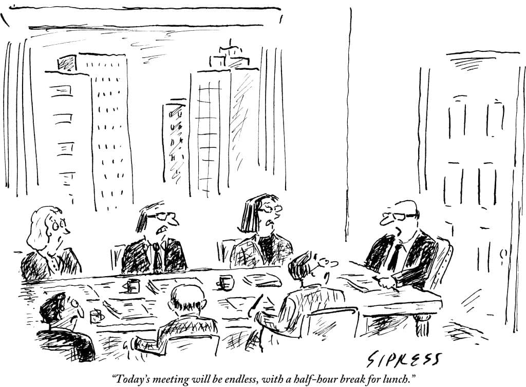 cartoon of workers at a conference table