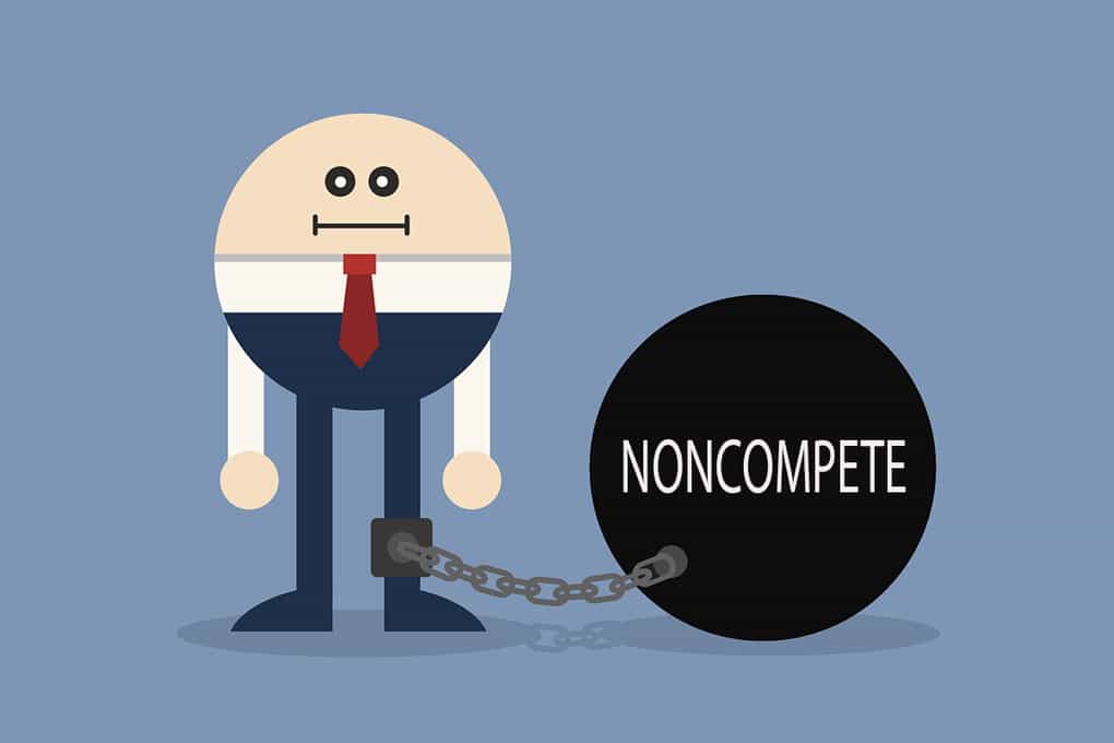 cartoon graphic of a worker chained to a noncompete