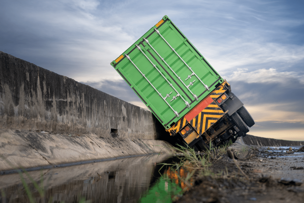 truck trailer transport delivery container unit in clashed accident on the roadside