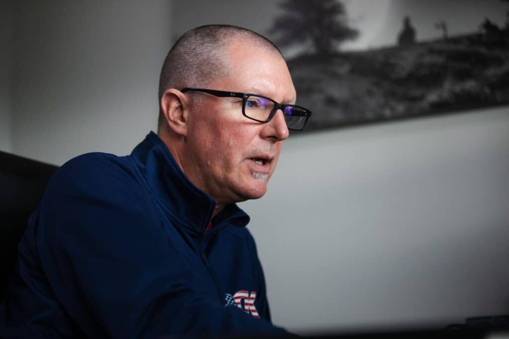 Mark Westphal participates in a virtual meeting in his home office in Pasco on Wednesday, Oct. 9, 2024. (Emree Weaver for Cascade PBS)